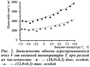 Зависимость объема агрегировавшихся пчел от внешней температуры при разной их численности