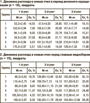 Динамика расплода в семьях пчел в период весеннего наращивания